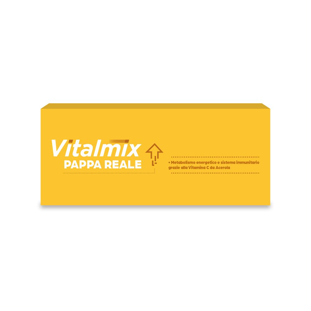 Gelbe Schachtel mit Vitalmix Pappa Reale. Produktname und Logo. Text: Energie, Immunsystem, Vitamin C.