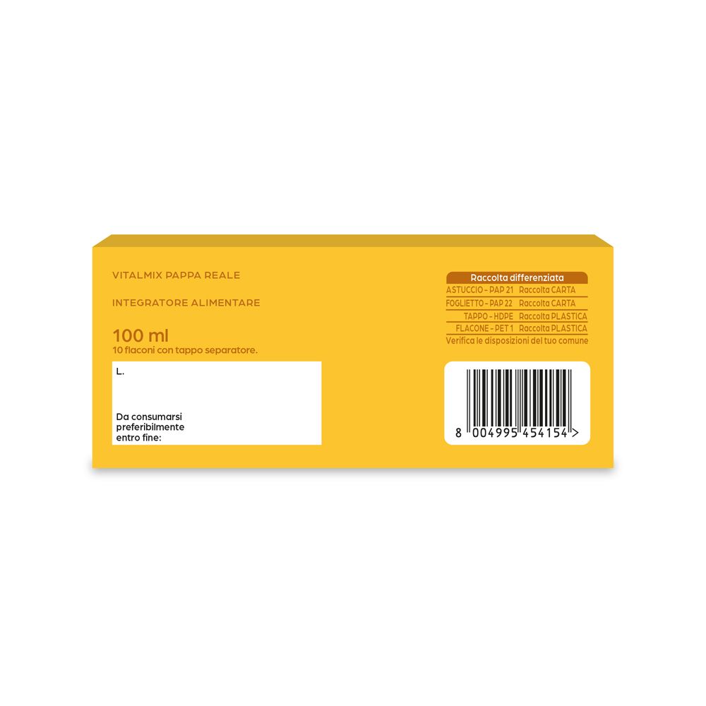 Rückseite der Vitalmix Pappa Reale-Schachtel. 100 ml, 10 Fläschchen. Informationen zur Entsorgung und Barcode.