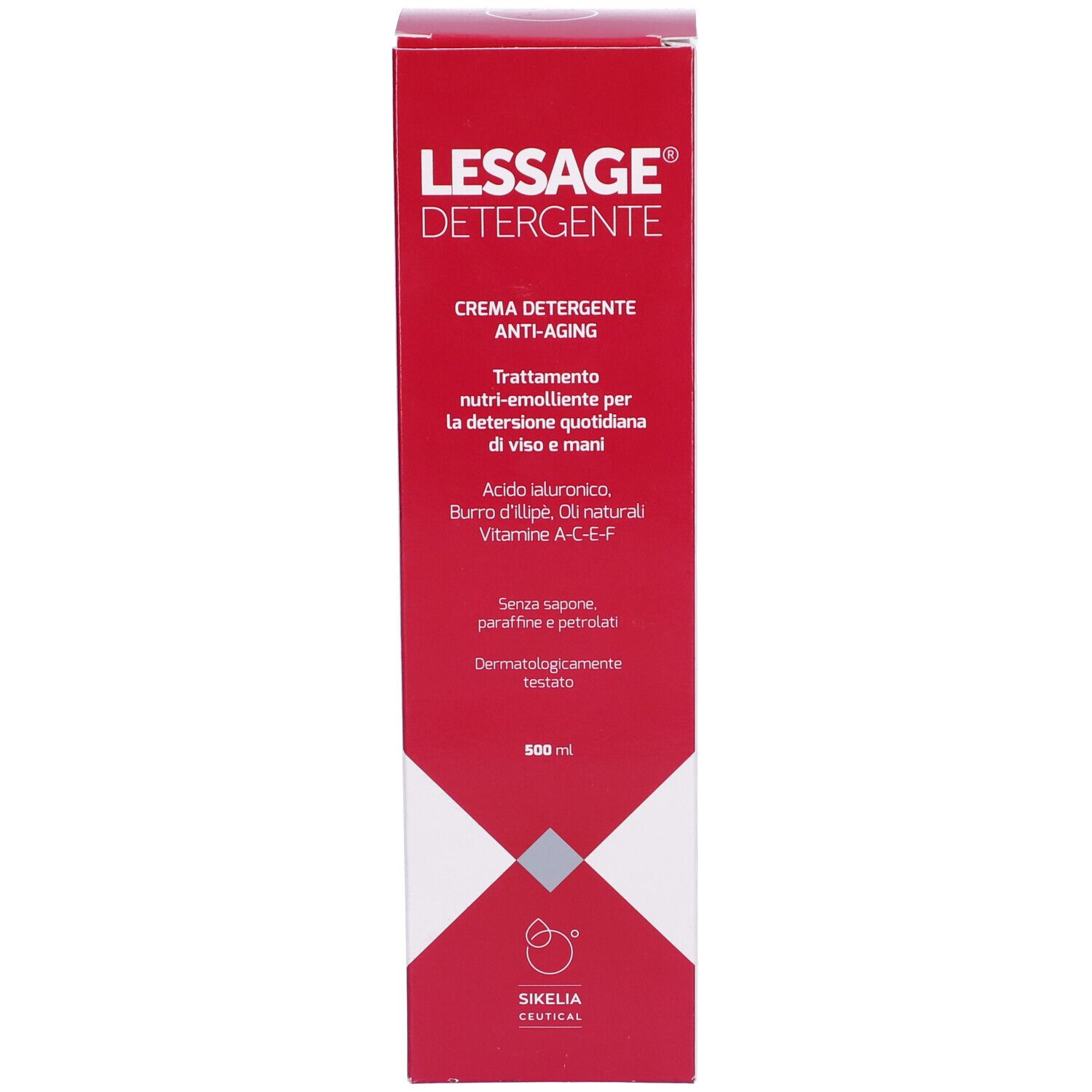 Rote Schachtel mit Aufdruck: LESSAGE® DETERGENTE. Produktinformationen und Logo.