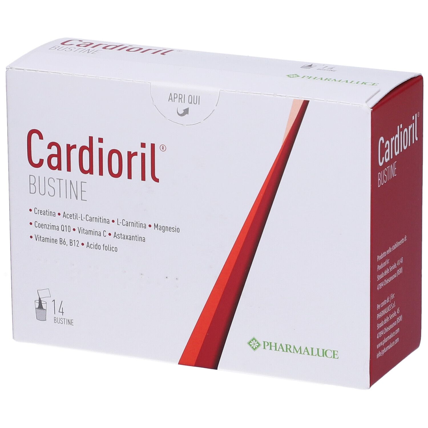 Boîte Kardioril Bustine. Contient 14 sachets. Inscription Kardioril Bustine. Contient des ingrédients. Marque Pharmaluce.