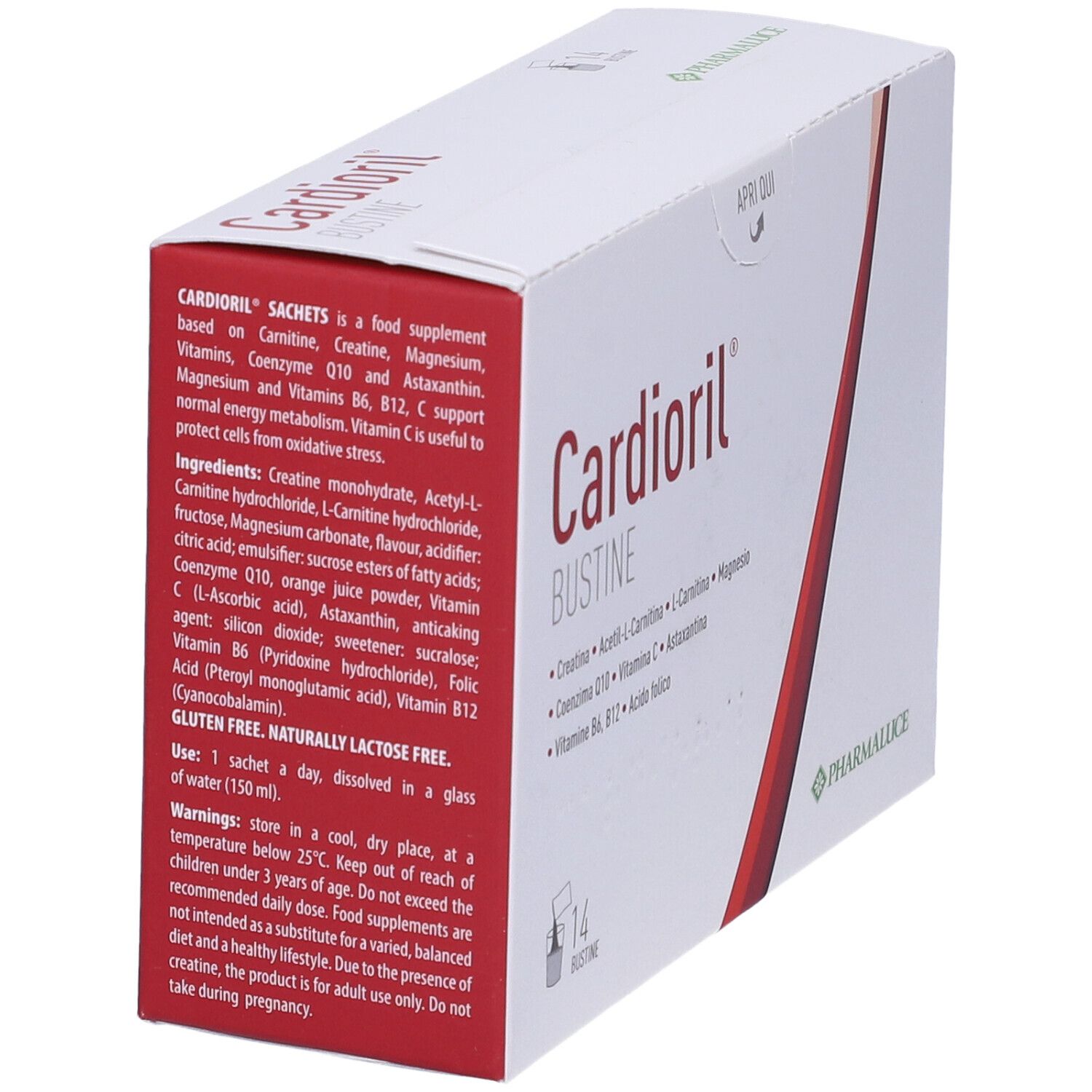 Boîte Kardioril Bustine. Contient 14 sachets. Inscription Kardioril Bustine. Contient des ingrédients. Marque Pharmaluce.