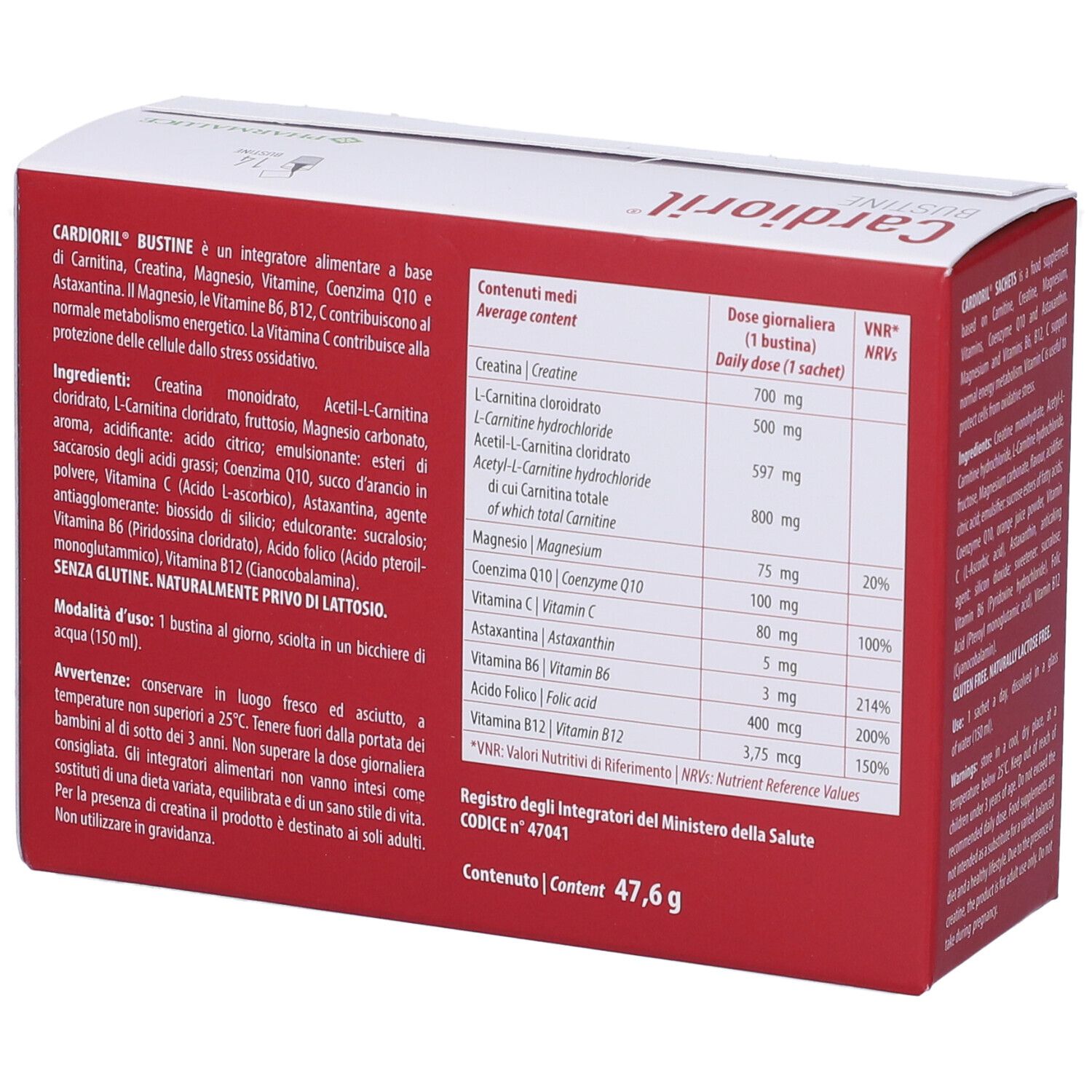 Boîte Kardioril Bustine. Contient 14 sachets. Inscription Kardioril Bustine. Contient des ingrédients. Marque Pharmaluce.