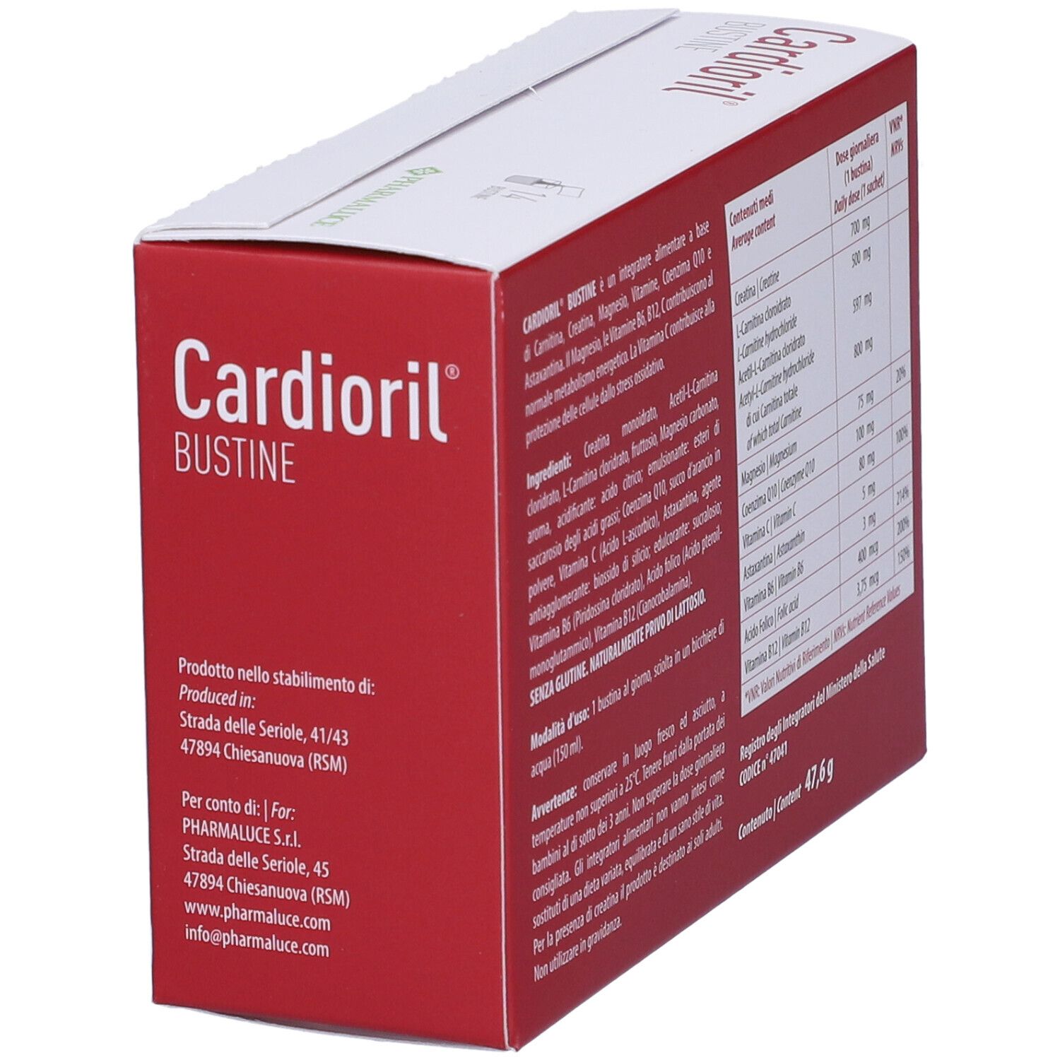 Boîte Kardioril Bustine. Contient 14 sachets. Inscription Kardioril Bustine. Contient des ingrédients. Marque Pharmaluce.