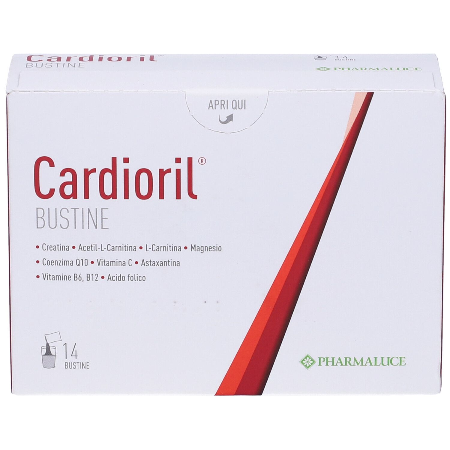 Boîte Kardioril Bustine. Contient 14 sachets. Inscription Kardioril Bustine. Contient des ingrédients. Marque Pharmaluce.