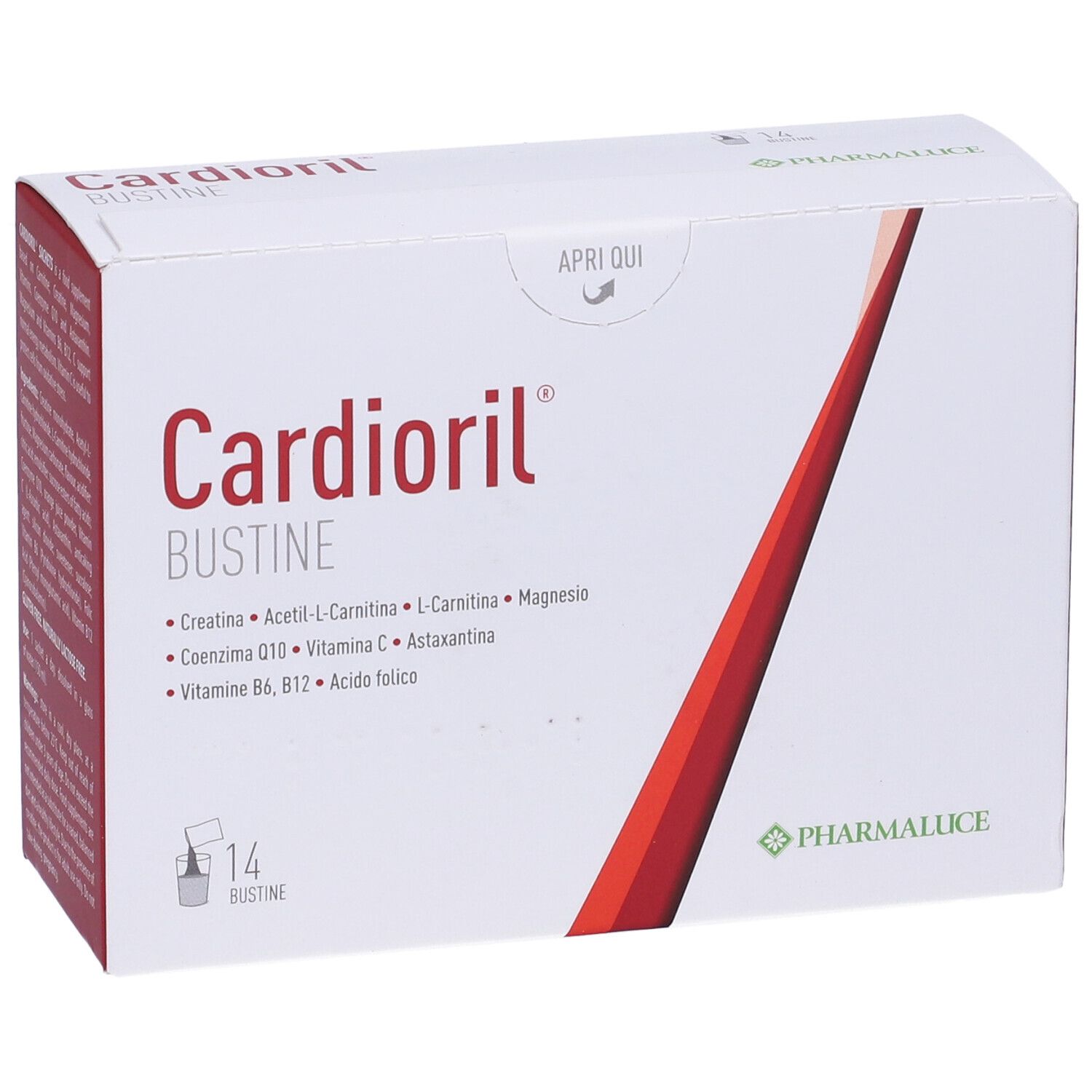 Boîte Kardioril Bustine. Contient 14 sachets. Inscription Kardioril Bustine. Contient des ingrédients. Marque Pharmaluce.