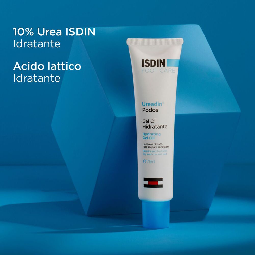 Tube von ISDIN Foot Care Ureadin Podos Gel Oil auf blauem Hintergrund. Text: 10% Urea ISDIN, Acido lattico.