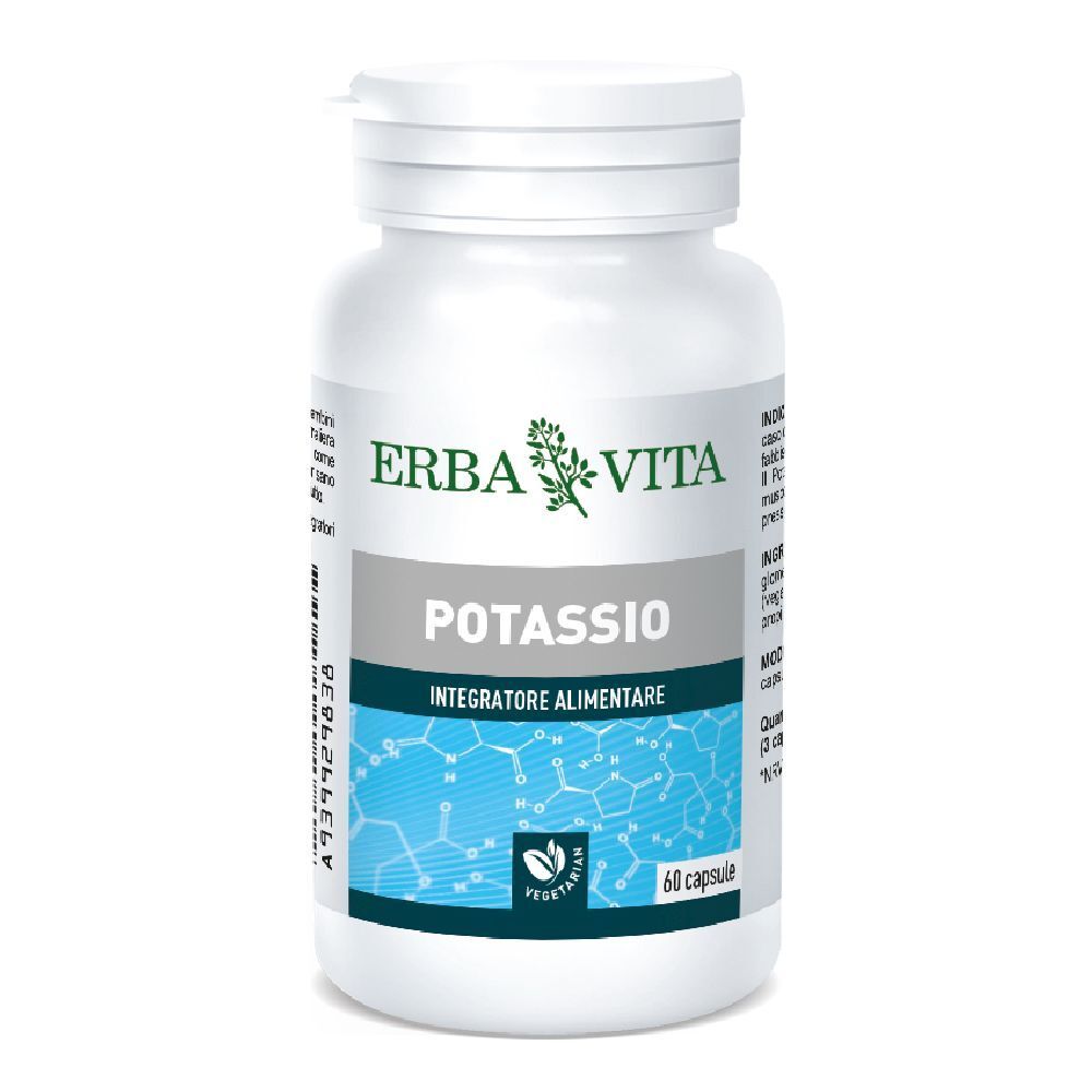Weiße Flasche mit Kapseln. Aufschrift: ERBA VITA, POTASSIO, Integratore Alimentare, 60 capsule. Vegetarisch-Siegel.