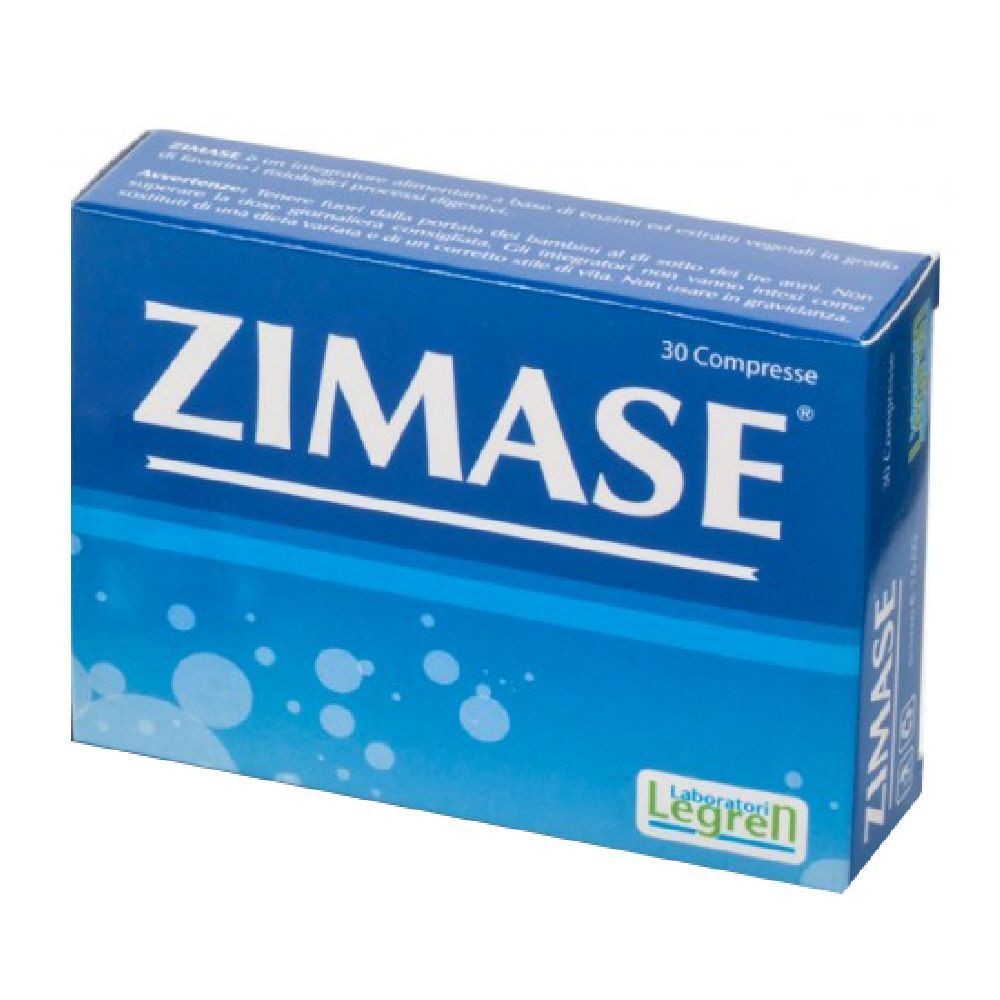 Blau-weiße Schachtel mit der Aufschrift ZIMASE. Enthält 30 Tabletten. Logo von Legren.