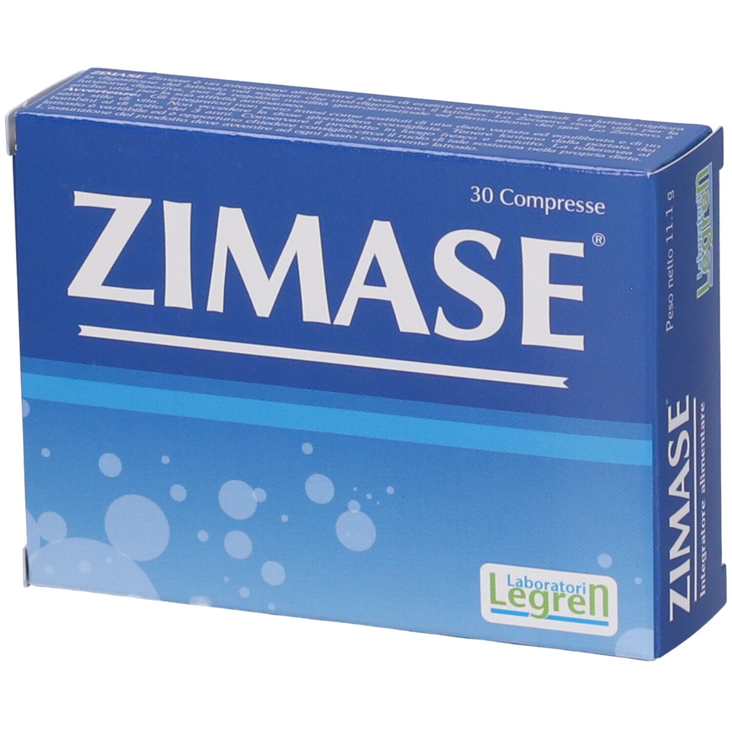 Blaue Schachtel mit "ZIMASE"-Schriftzug. Enthält 30 Tabletten. Marke: Legren. Text in italienischer Sprache.