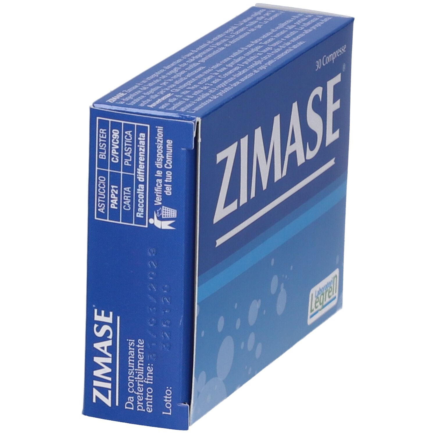 Blaue Schachtel mit "ZIMASE"-Schriftzug. Enthält Informationen. Marke: Legren. Text in italienischer Sprache.