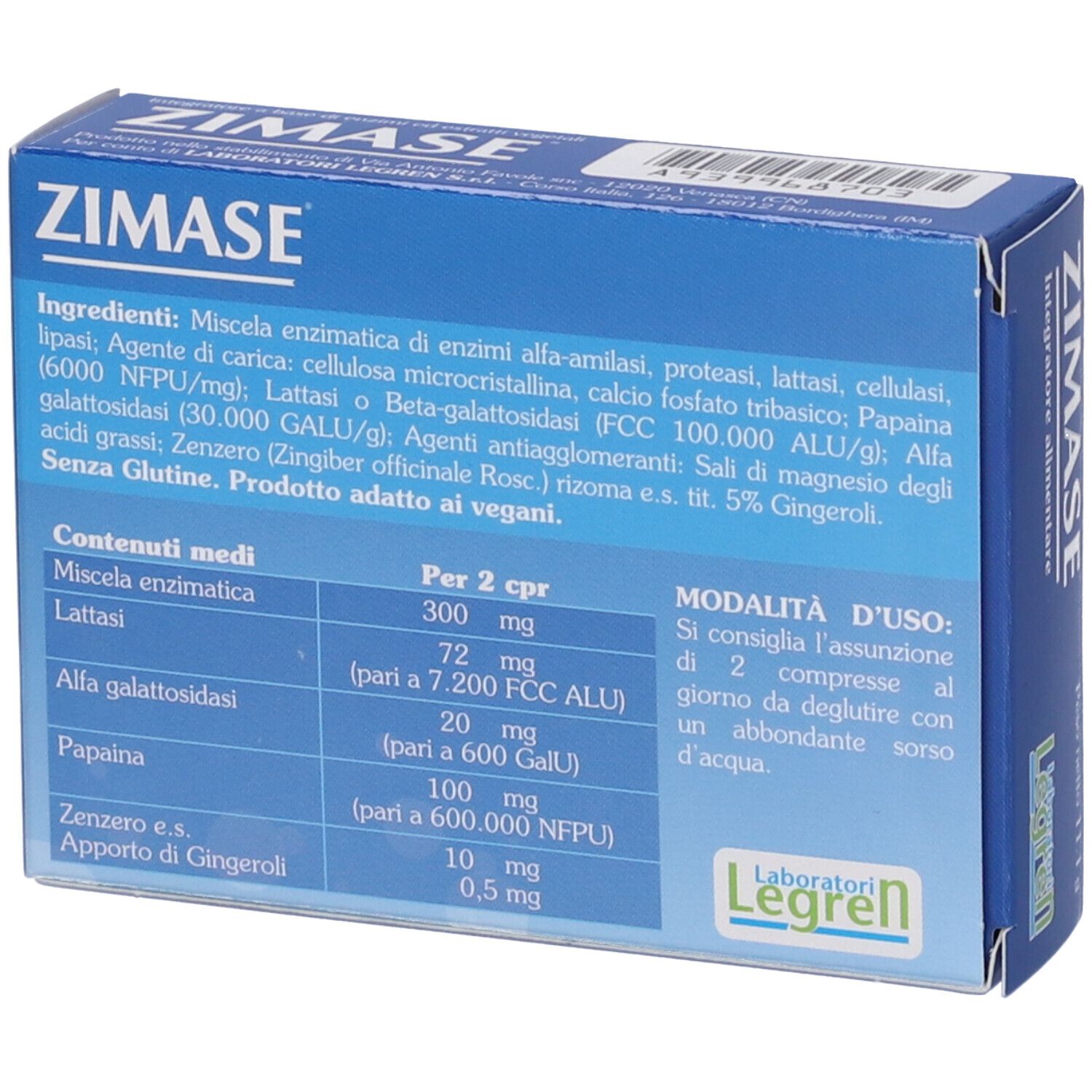 Rückseite der blauen Schachtel mit Inhaltsangaben und Anwendungshinweisen. Marke: Legren. Text in italienischer Sprache.