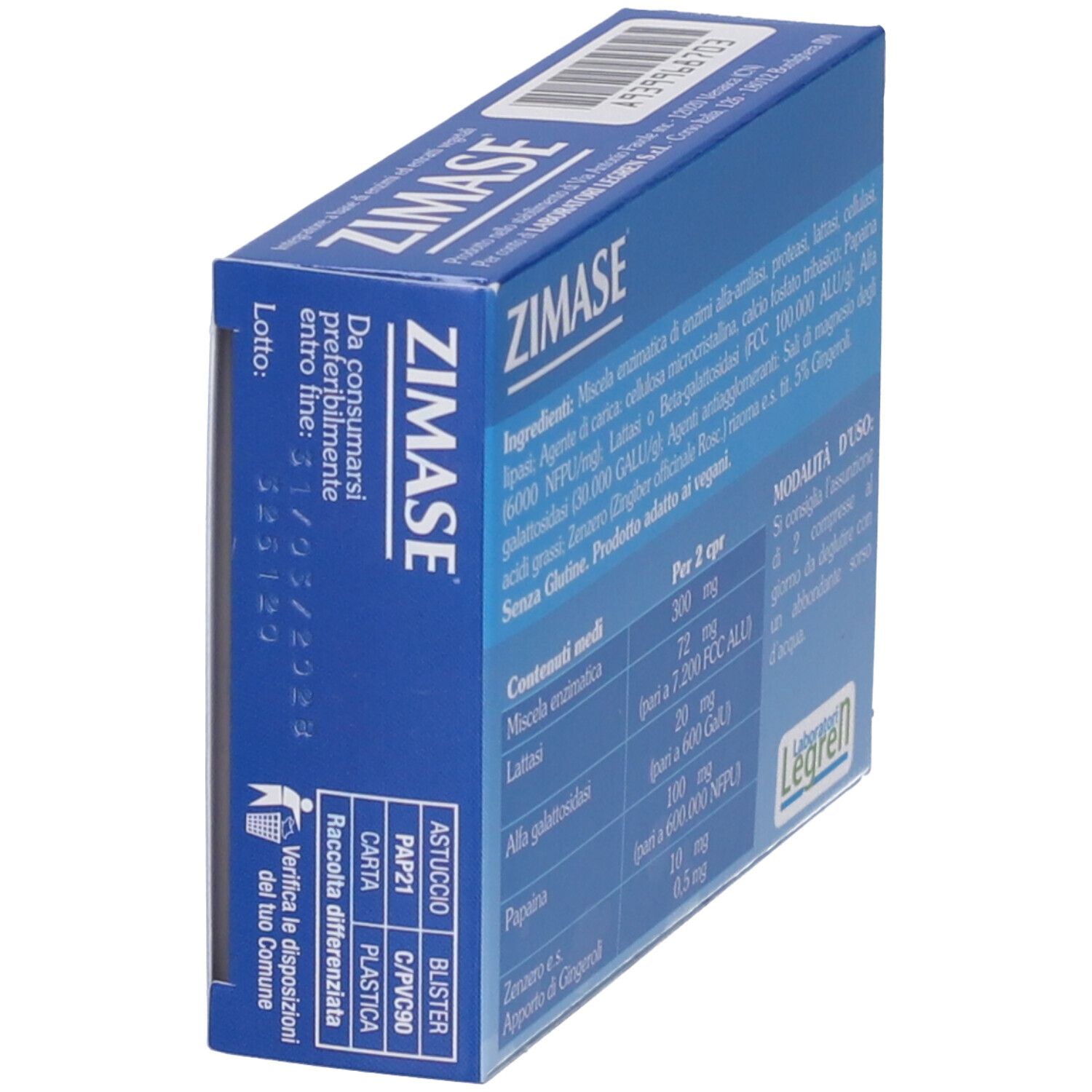 Blaue Schachtel mit "ZIMASE"-Schriftzug. Enthält Informationen. Marke: Legren. Text in italienischer Sprache.