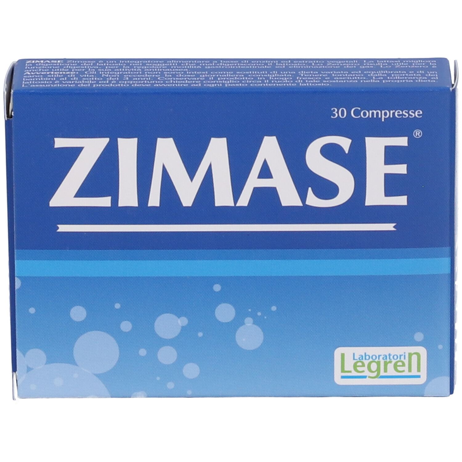 Blaue Schachtel mit "ZIMASE"-Schriftzug. Enthält 30 Tabletten. Marke: Legren. Text in italienischer Sprache.