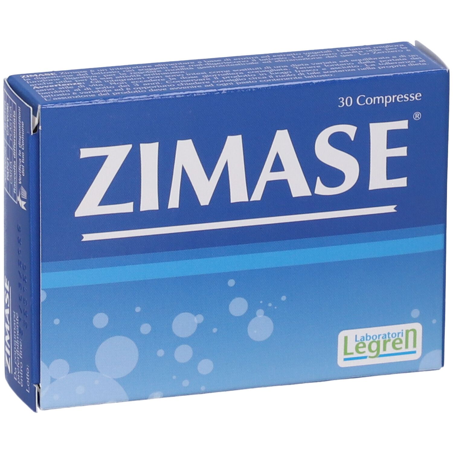 Blaue Schachtel mit "ZIMASE"-Schriftzug. Enthält 30 Tabletten. Marke: Legren. Text in italienischer Sprache.
