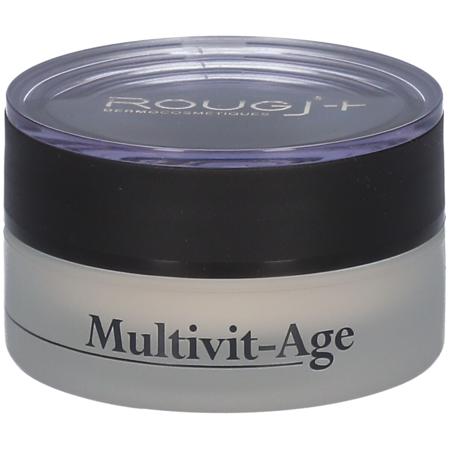 Pot de crème avec couvercle noir et couvercle transparent. "Multivit-Age" est écrit sur le pot.
