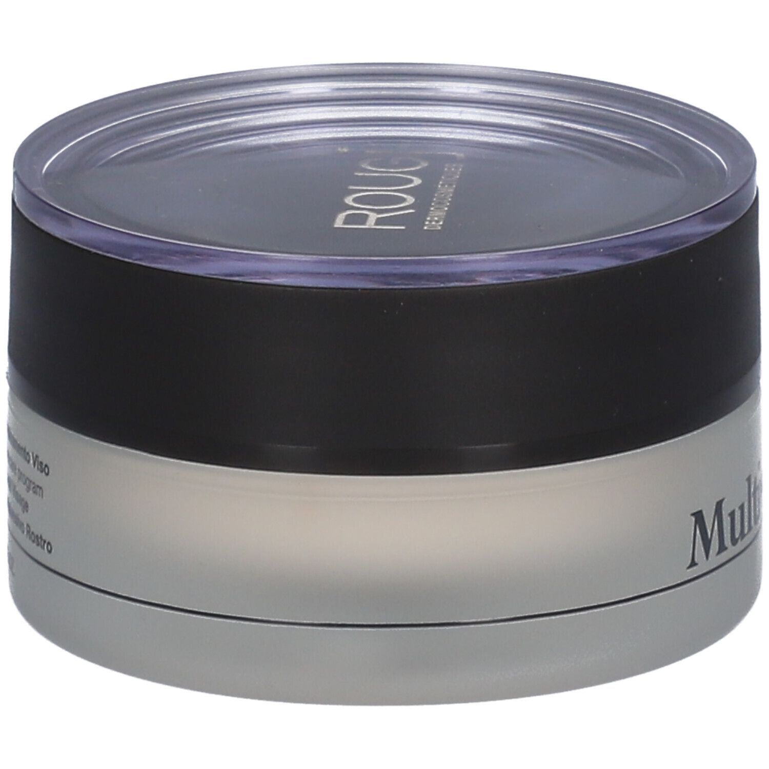 Pot de crème avec couvercle noir et couvercle transparent. "ROUGJ+" est écrit sur le pot.