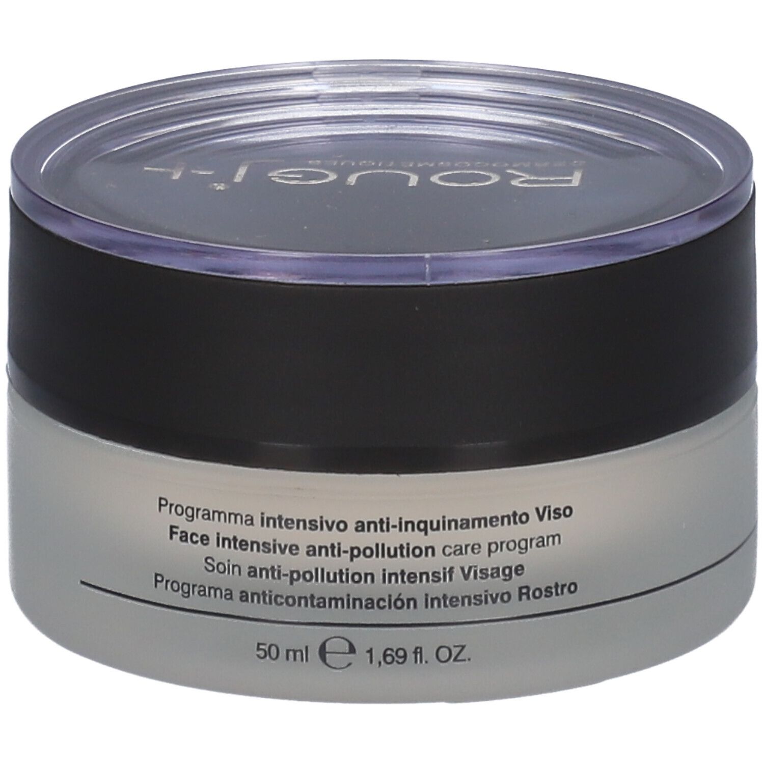 Pot de crème avec couvercle noir et transparent. Texte et "ROUGJ+" sont visibles.