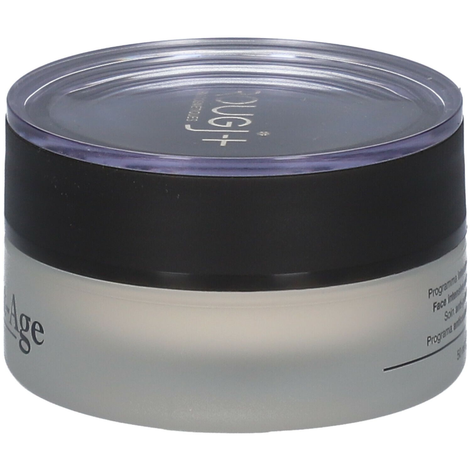 Pot de crème avec couvercle noir et transparent. "Multivit-Age" est écrit sur le pot.