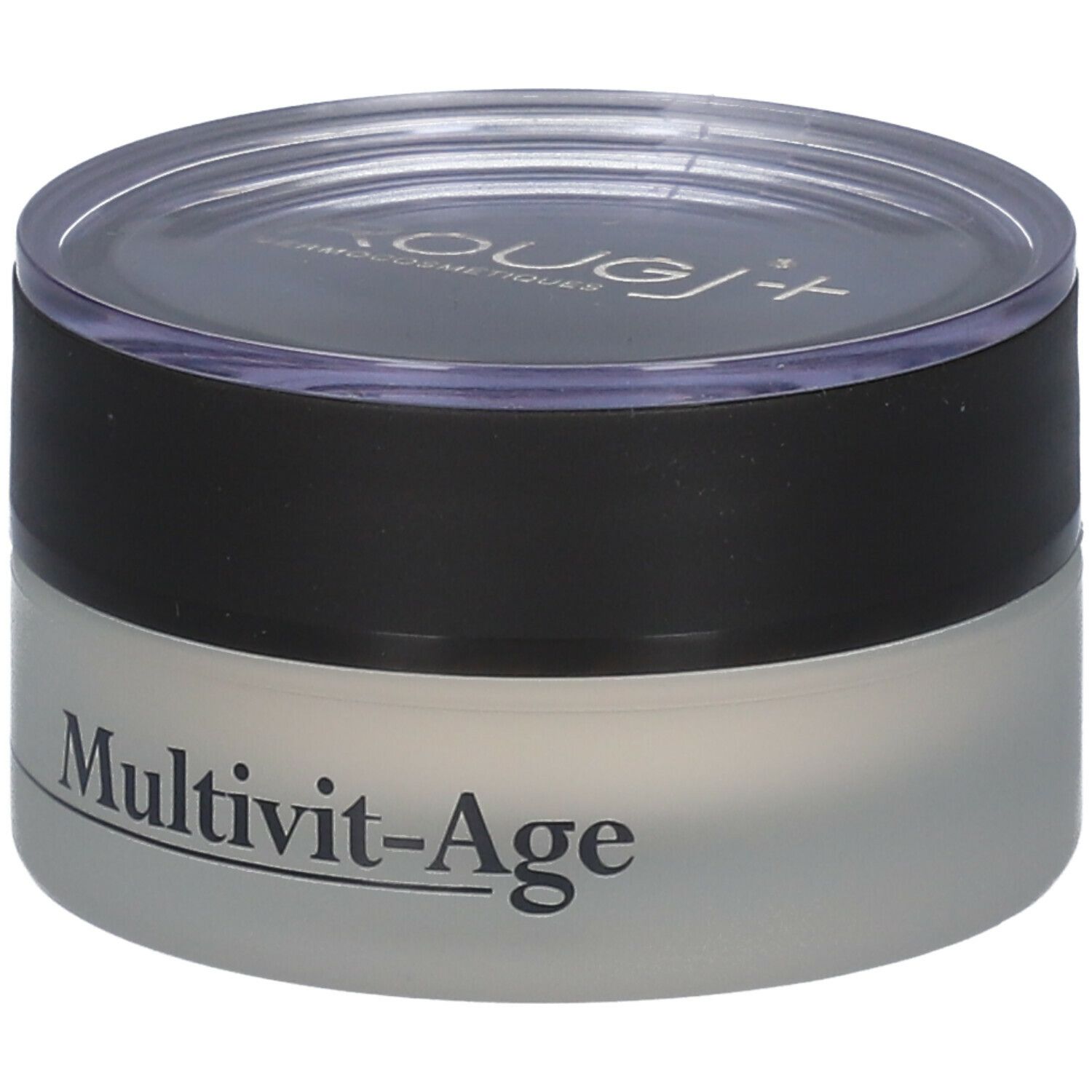 Pot de crème avec couvercle noir et transparent. "Multivit-Age" est écrit sur le pot.