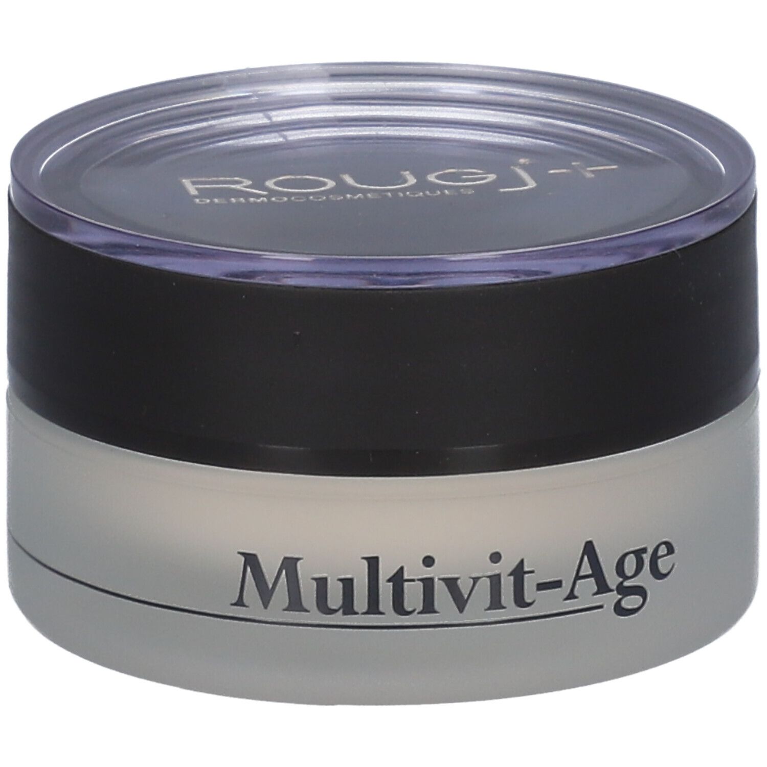 Pot de crème avec couvercle noir et transparent. "Multivit-Age" est écrit sur le pot.
