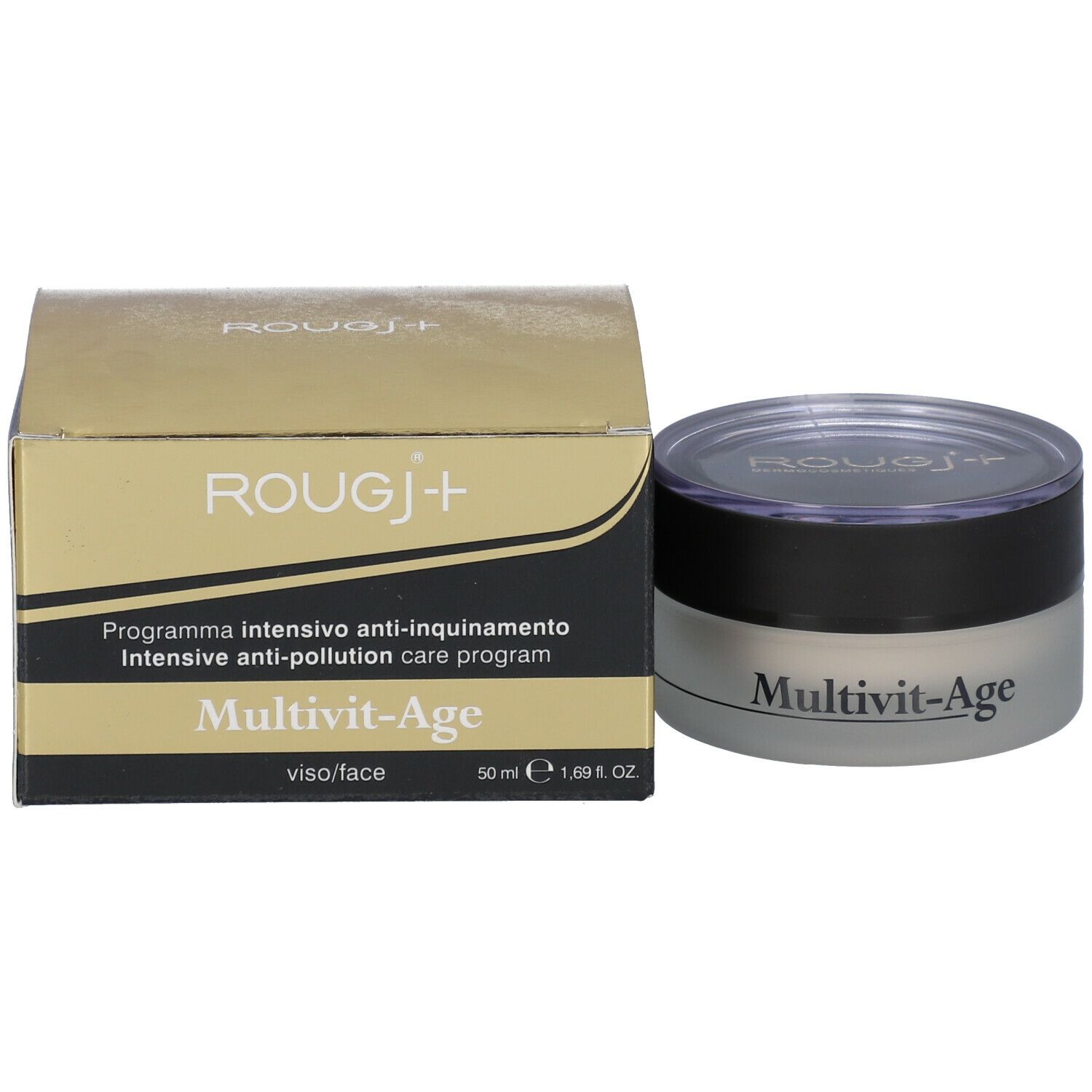 Pot de crème et emballage. "Multivit-Age" est écrit sur le pot. "ROUGJ+" sur l'emballage.