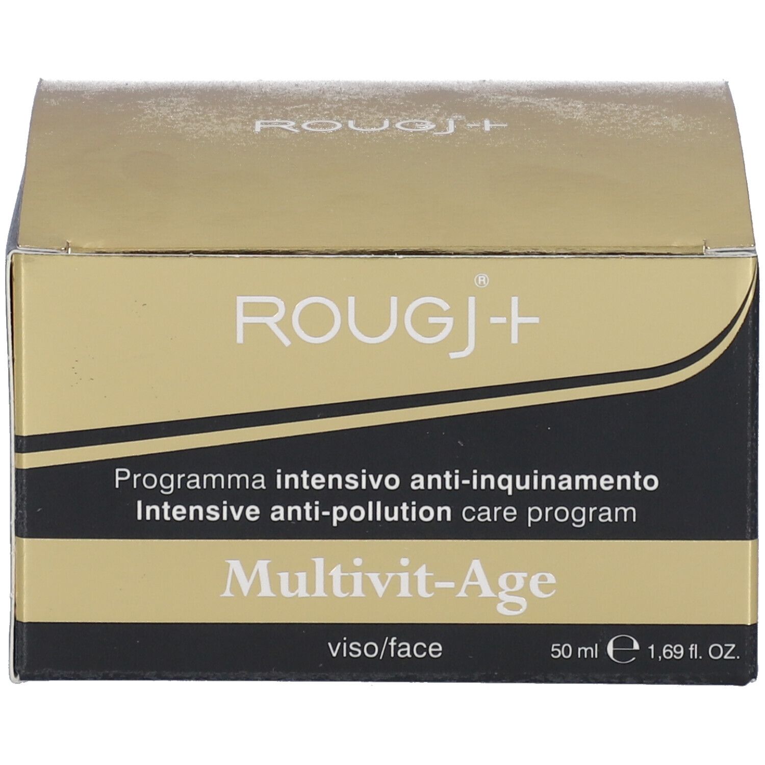 Emballage avec texte et logo "ROUGJ+". "Multivit-Age" est écrit sur l'emballage.