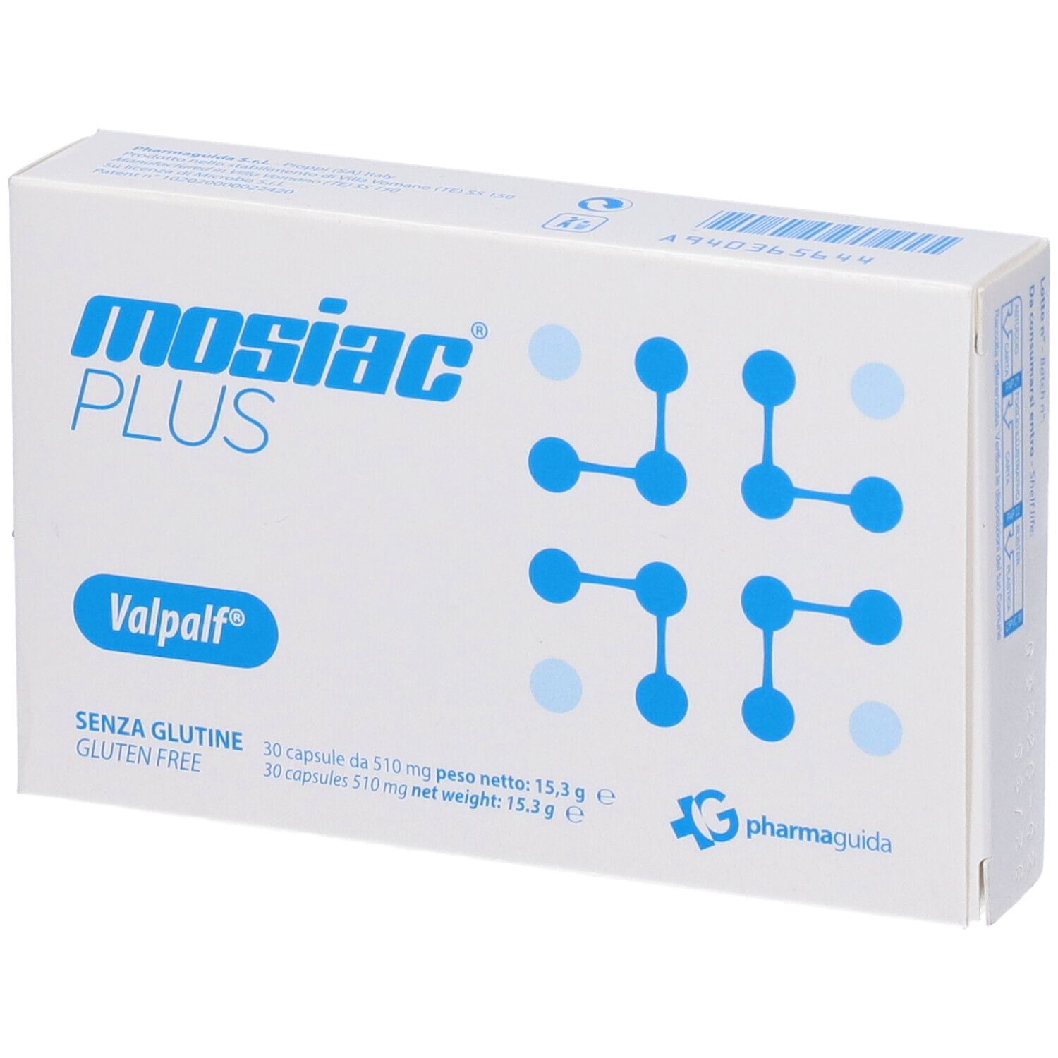 Weiße Schachtel mit blauer Aufschrift "mosiac PLUS" und blauen grafischen Elementen. Enthält 30 Kapseln.