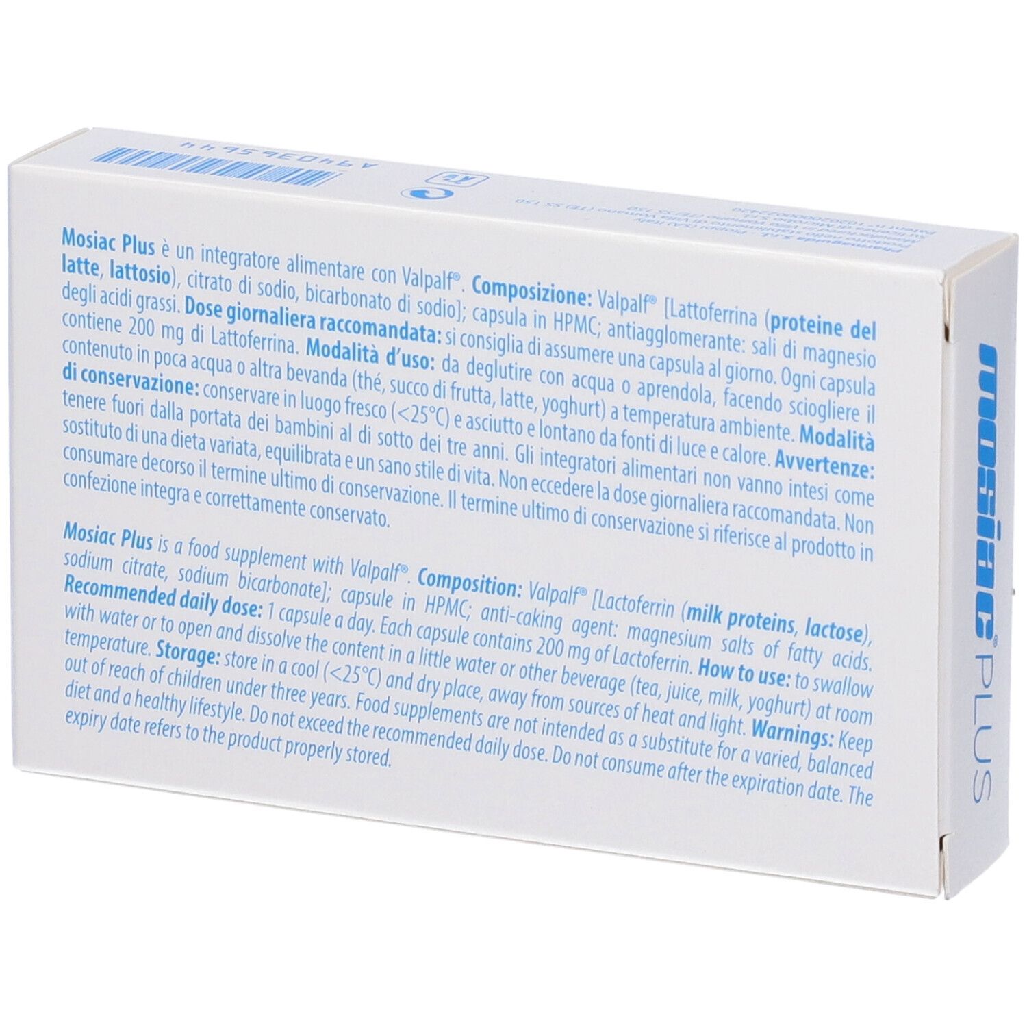 Weiße Schachtel mit Text und Inhaltsangaben. Rückseite der Verpackung mit Produktinformationen.