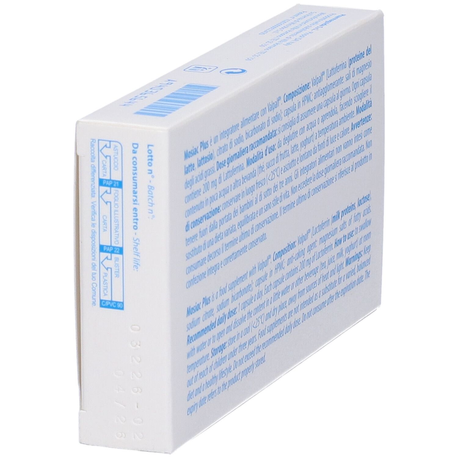 Weiße Schachtel mit Text und Inhaltsangaben. Seitenansicht der Verpackung mit Produktinformationen.