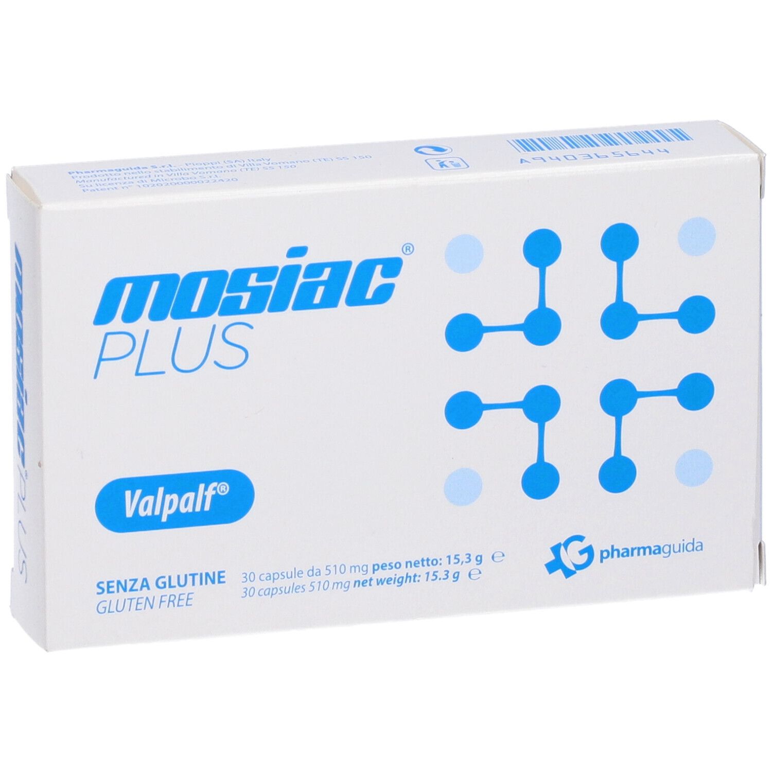 Weiße Schachtel mit blauer Aufschrift "mosiac PLUS" und blauen grafischen Elementen. Enthält 30 Kapseln.
