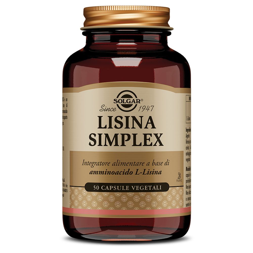 Flacon en verre brun avec couvercle doré. L'étiquette indique "SOLGAR Lisina Simplex". Contient 50 gélules.