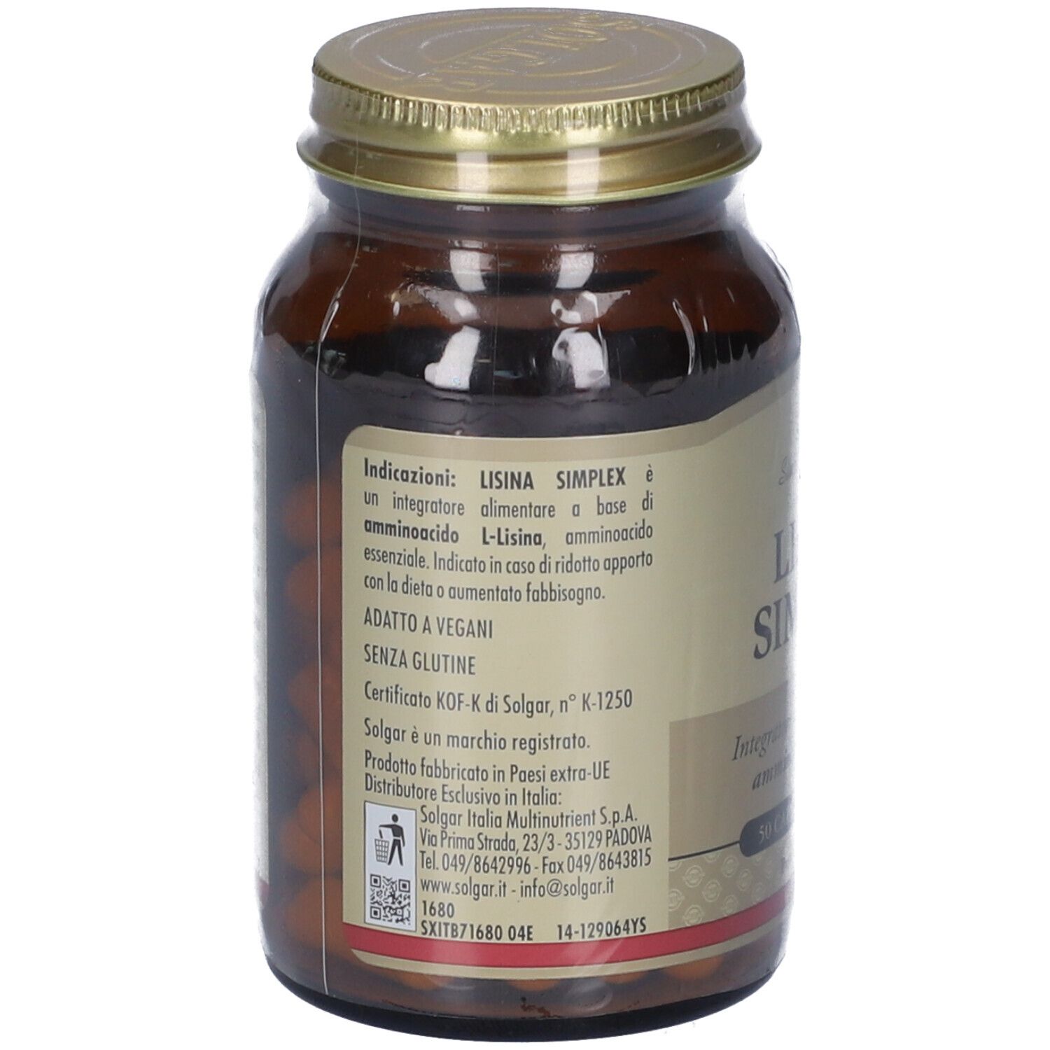 Dos d'un flacon en verre brun avec couvercle doré. Texte sur l'étiquette. Contient des informations sur le produit.