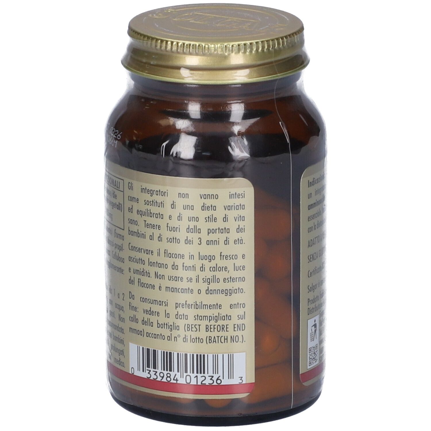 Dos d'un flacon en verre brun avec couvercle doré. Texte sur l'étiquette. Contient des informations sur le produit.