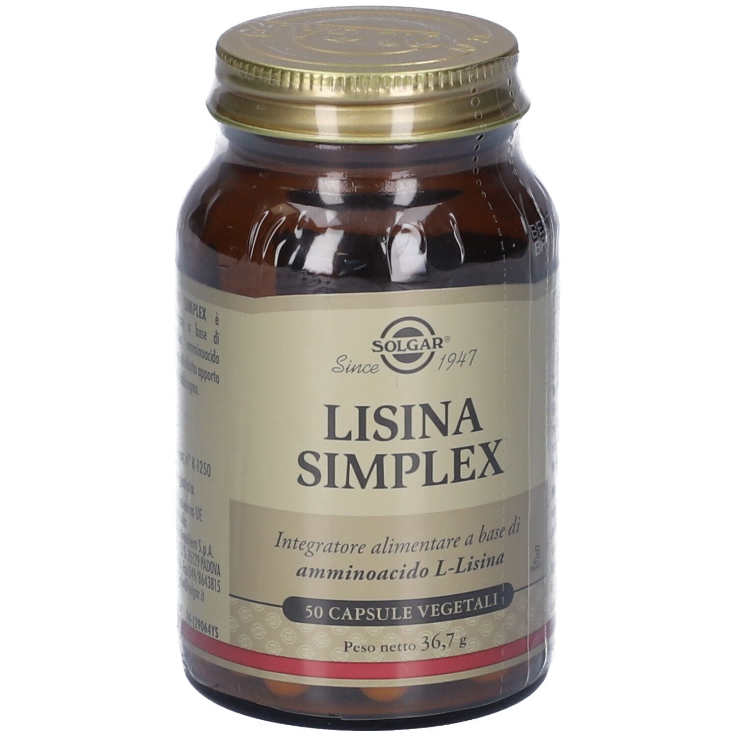 Flacon en verre brun avec couvercle doré. L'étiquette indique "SOLGAR Lisina Simplex". Contient 50 gélules.