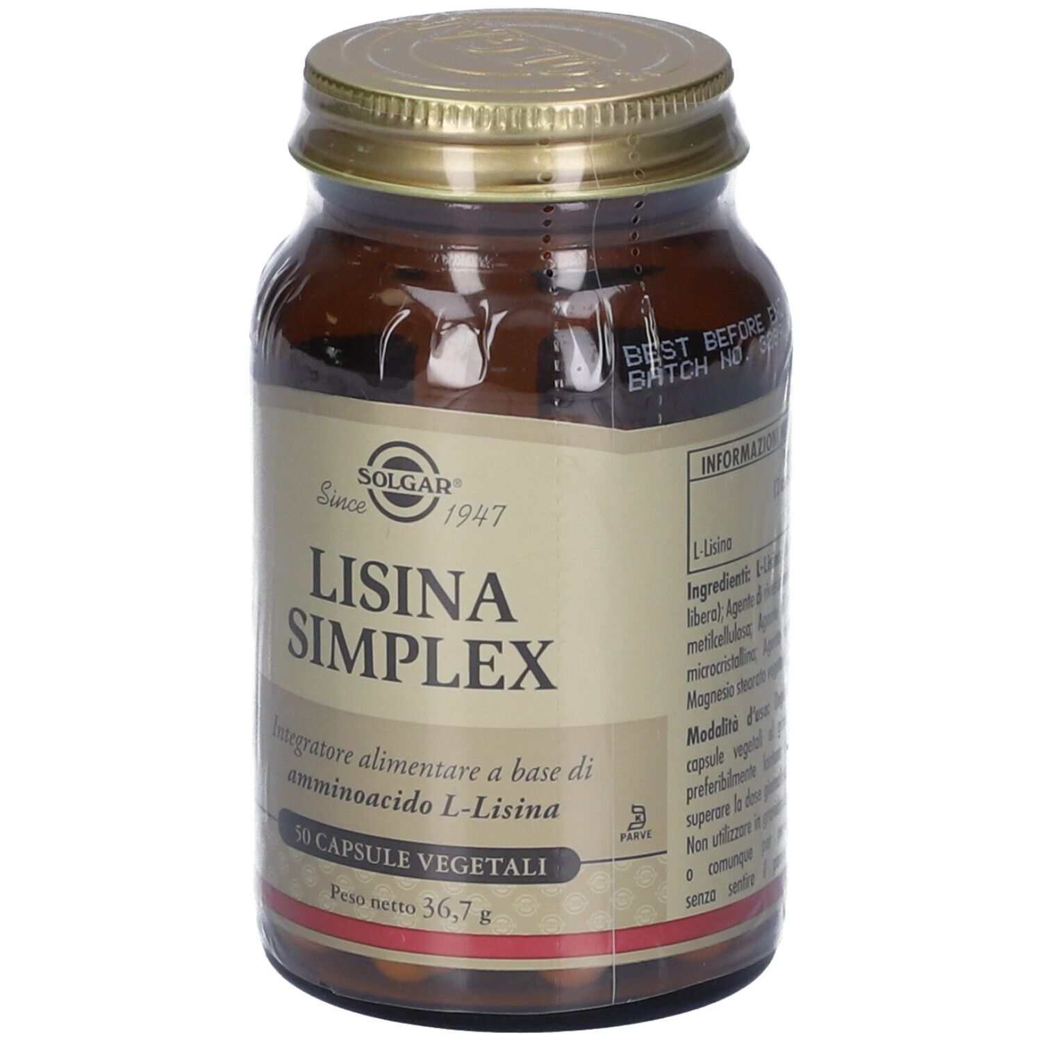 Flacon en verre brun avec couvercle doré. L'étiquette indique "SOLGAR Lisina Simplex". Contient 50 gélules.