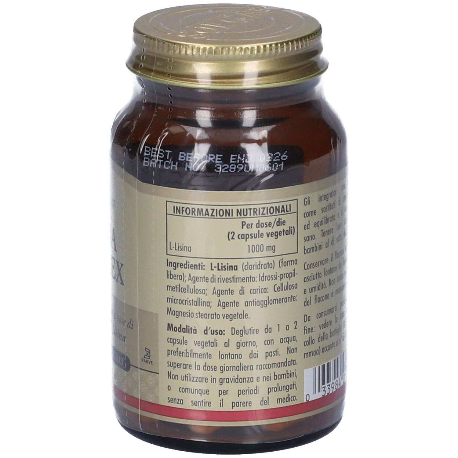 Dos d'un flacon en verre brun avec couvercle doré. Contient des informations sur les ingrédients et le dosage.