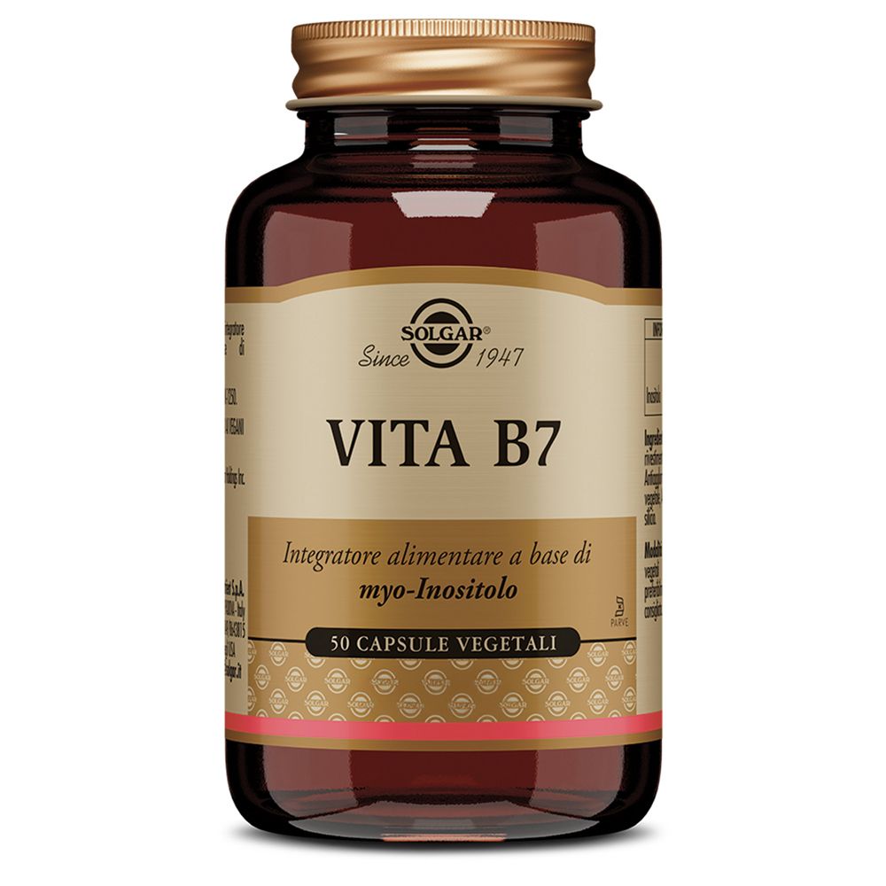 Braune Glasflasche mit goldfarbenem Deckel. Aufschrift: SOLGAR Vita B7. 50 vegetarische Kapseln.