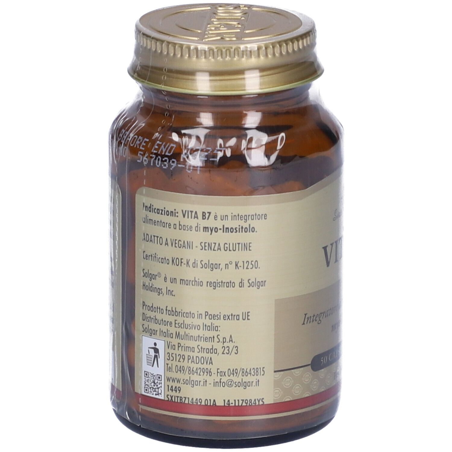 Rückseite einer braunen Glasflasche mit goldfarbenem Deckel. Beschriftung: Vita B7, für Veganer geeignet, glutenfrei.