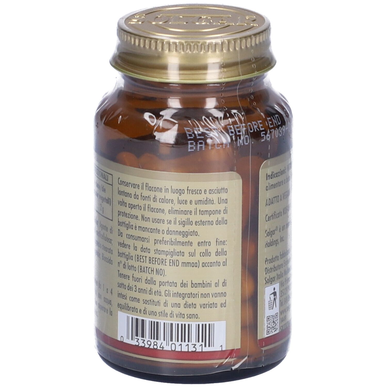 Rückseite einer braunen Glasflasche mit goldfarbenem Deckel. Beschriftung: Haltbarkeit, Chargennummer.