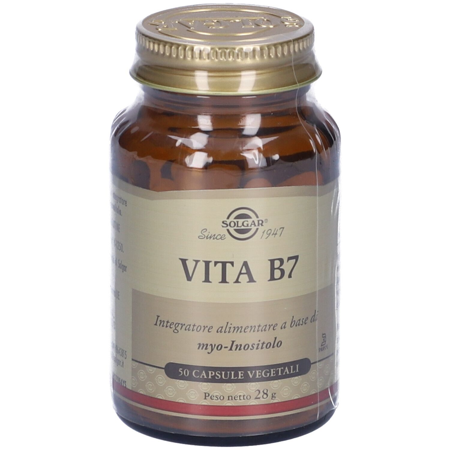 Braune Glasflasche mit goldfarbenem Deckel. Aufschrift SOLGAR Vita B7. 50 vegetarische Kapseln. Nettogewicht 28g.