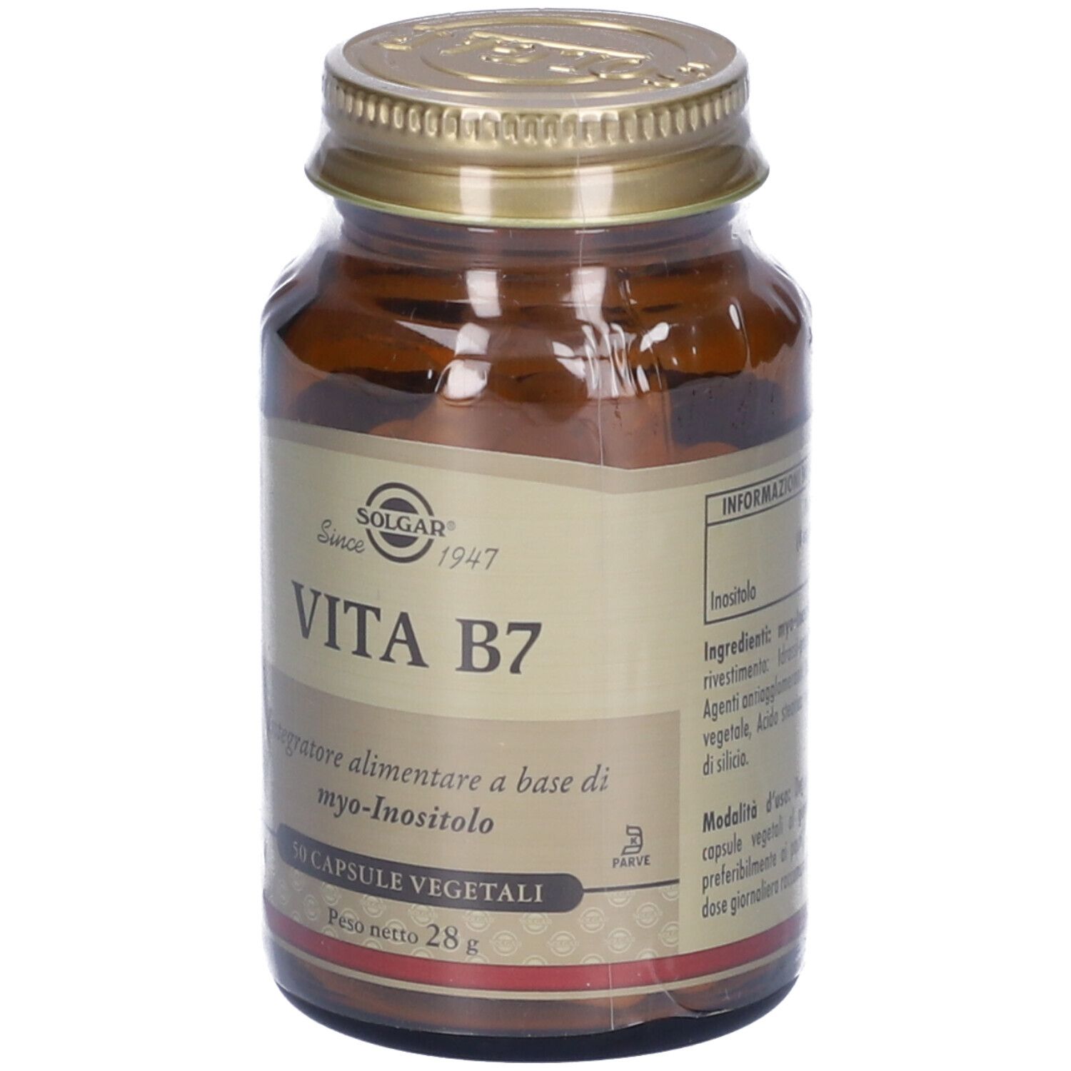 Braune Glasflasche mit goldfarbenem Deckel. Aufschrift SOLGAR Vita B7. 50 vegetarische Kapseln. Nettogewicht 28g.