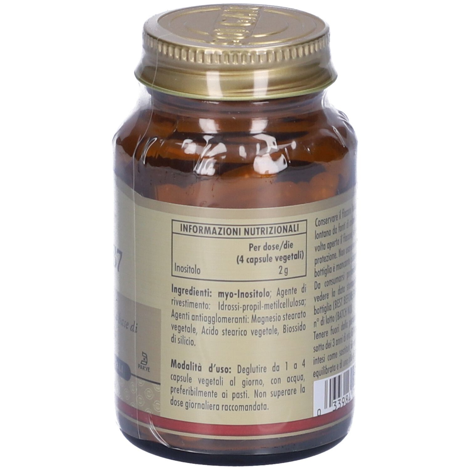 Rückseite einer braunen Glasflasche mit goldfarbenem Deckel. Informationen zu Inhaltsstoffen und Anwendung.