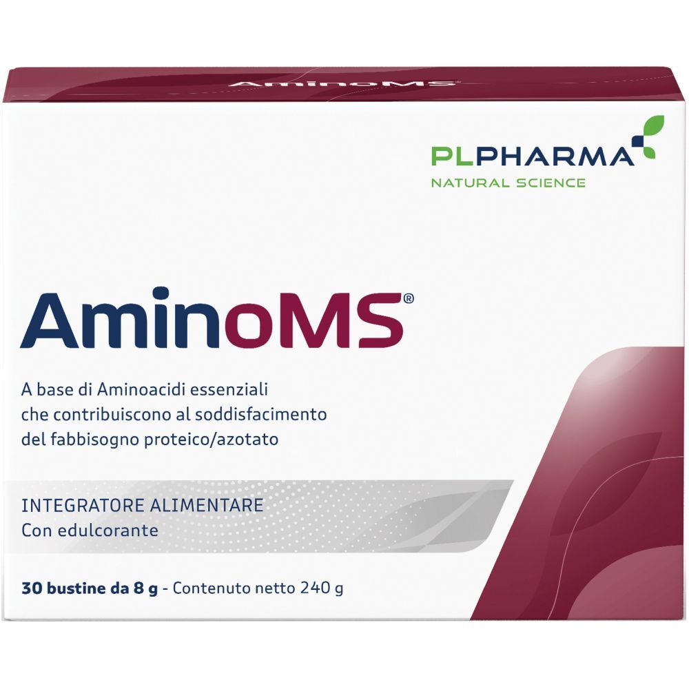 Boîte Aminoms. Inscription : Aminoms, PL Pharma, 30 sachets. Contient des acides aminés essentiels. Avec édulcorant.