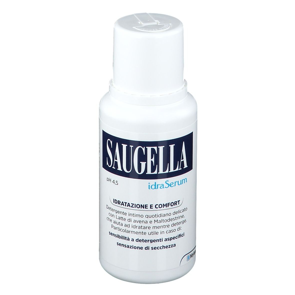 Weiße Flasche mit blauem Etikett. SAUGELLA idraSerum, pH 4,5. Text: IDRATAZIONE E COMFORT.
