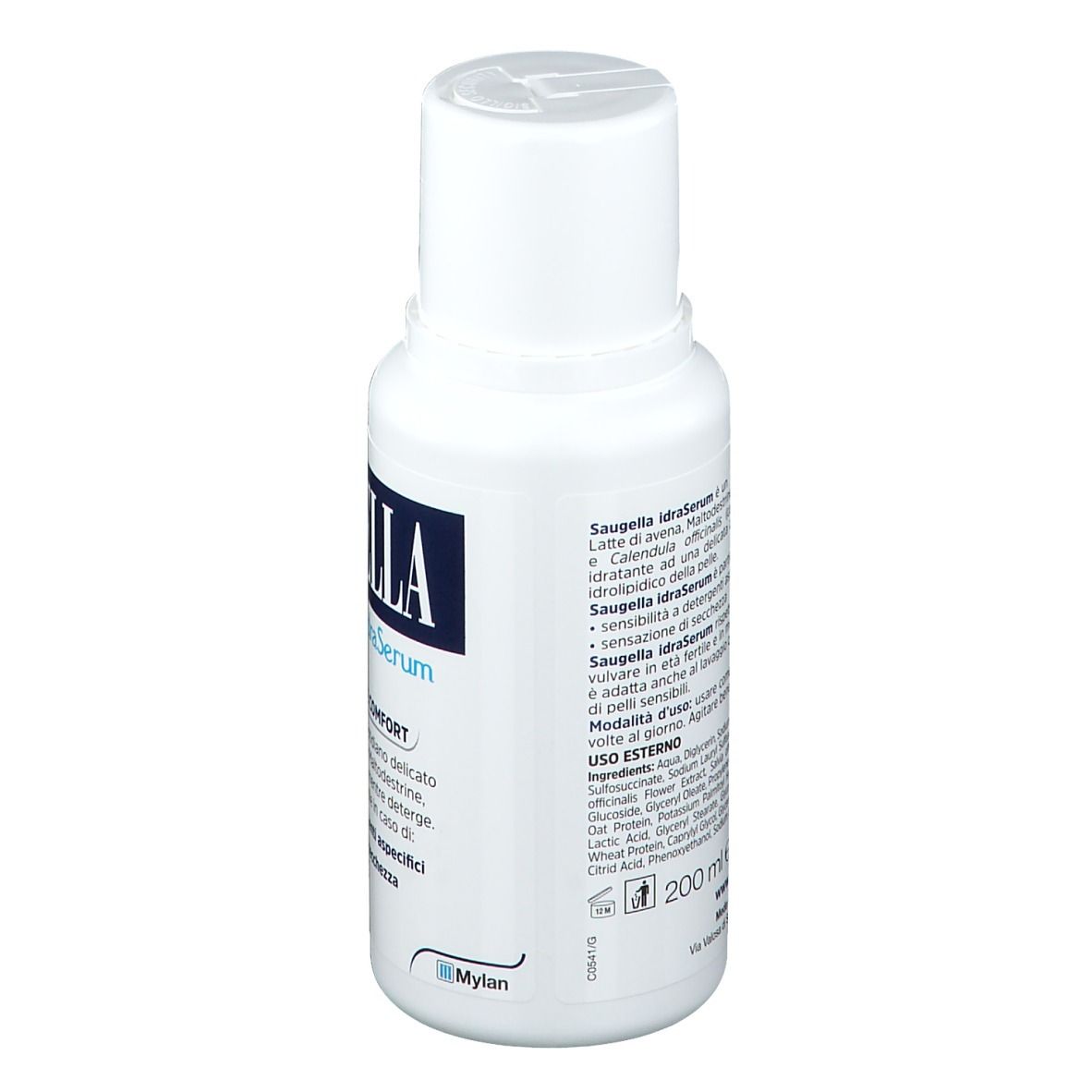 Weiße Flasche mit blauem Etikett. SAUGELLA idraSerum. Rückseite mit Text und Inhaltsstoffen. 200 ml.
