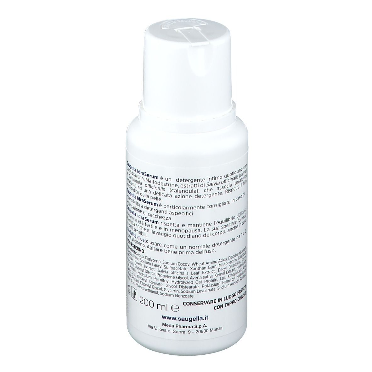 Weiße Flasche mit Text auf der Rückseite. SAUGELLA idraSerum. Text: 200 ml e. Mit Schraubverschluss.