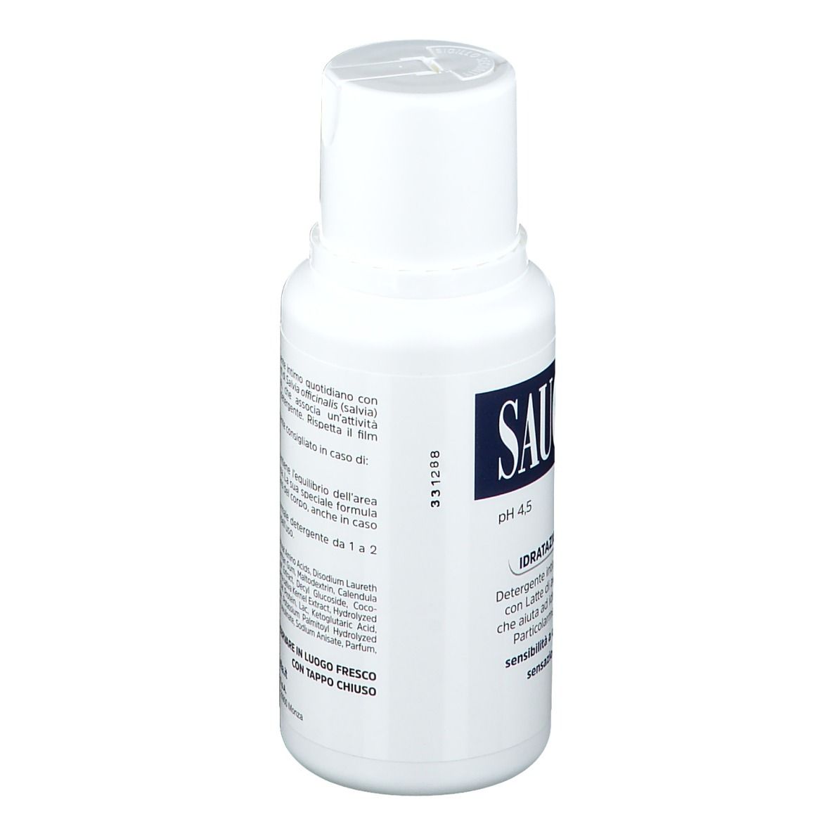 Weiße Flasche mit blauem Etikett. SAUGELLA idraSerum, pH 4,5. Text: IDRATAZIONE E COMFORT.