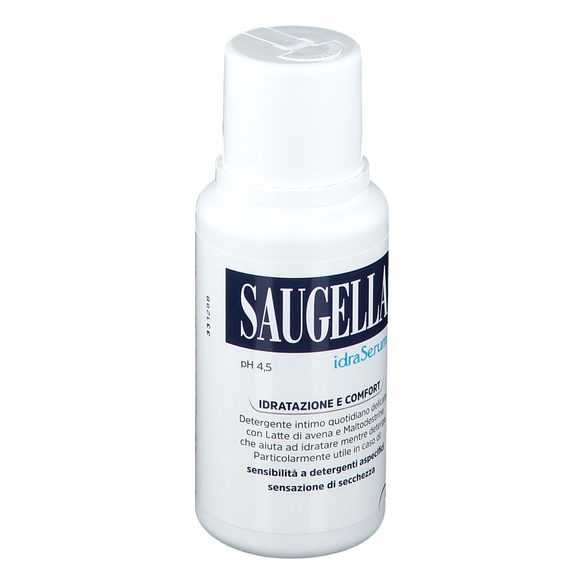 Weiße Flasche mit blauem Etikett. SAUGELLA idraSerum, pH 4,5. Text: IDRATAZIONE E COMFORT.