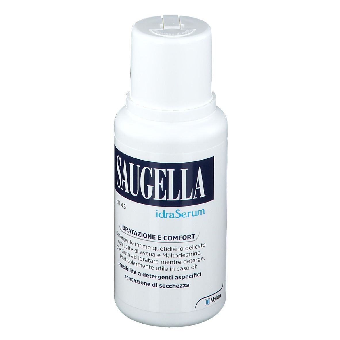 Weiße Flasche mit blauem Etikett. SAUGELLA idraSerum, pH 4,5. Text: IDRATAZIONE E COMFORT.
