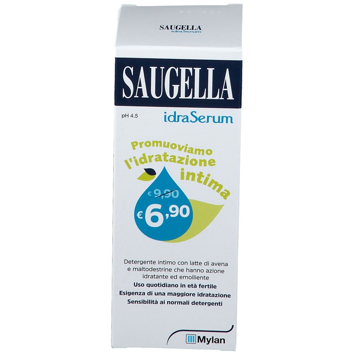 Verpackung von SAUGELLA idraSerum. Weiß mit blauem Logo und Text. Preis: 6,90€.